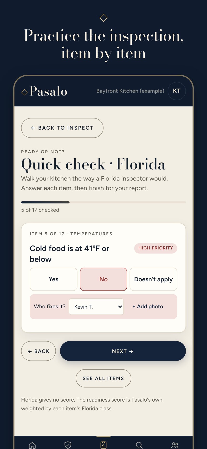 Pasalo practice inspection screen, with items to mark pass, fail or doesn't apply