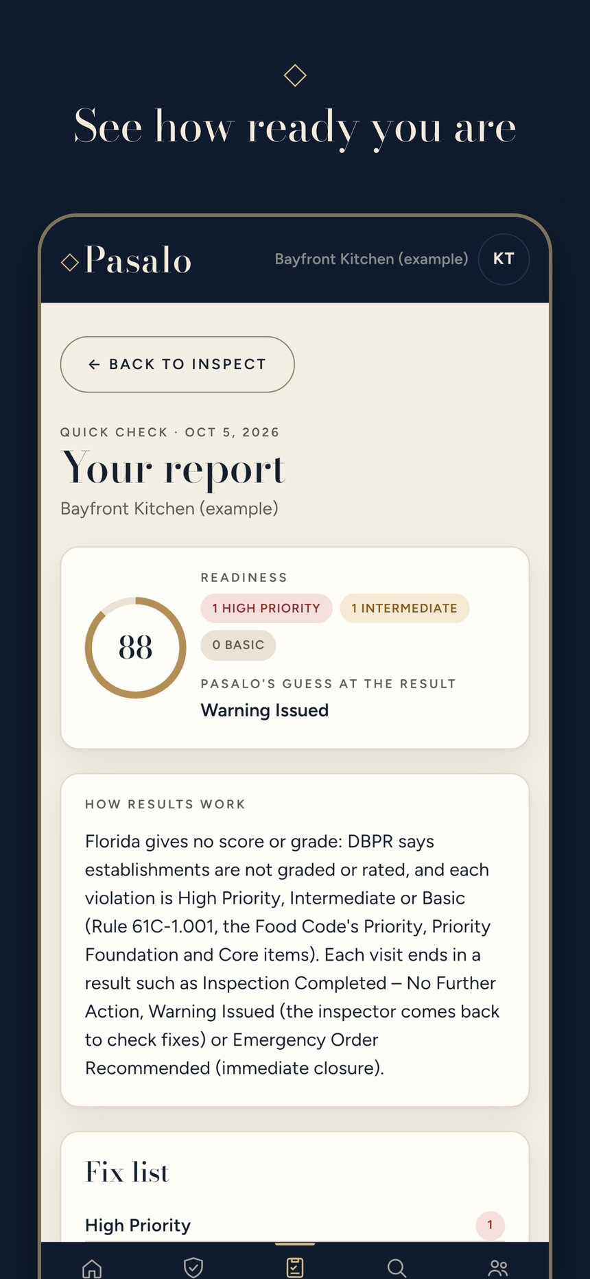 Pasalo practice inspection report with a readiness score out of 100