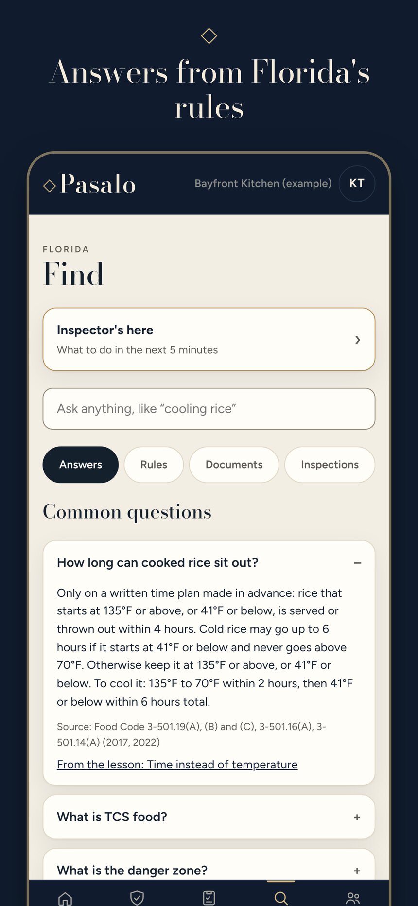 Pasalo Find screen with quick answers and resources